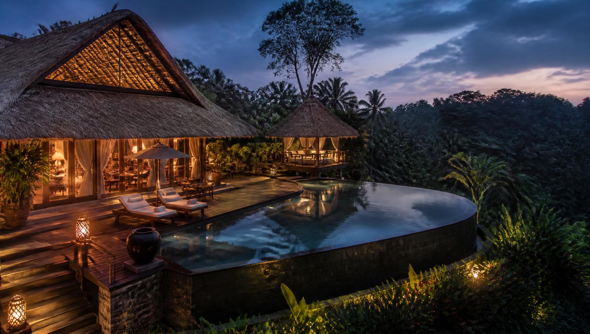 Asset #01 — an operating villa in Ubud, Bali at twilight